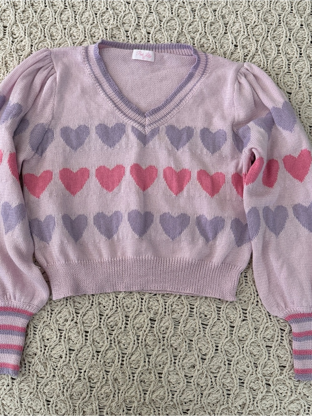 Pink Lily Pastel Pink V-Neck Heart Stripe Sweater